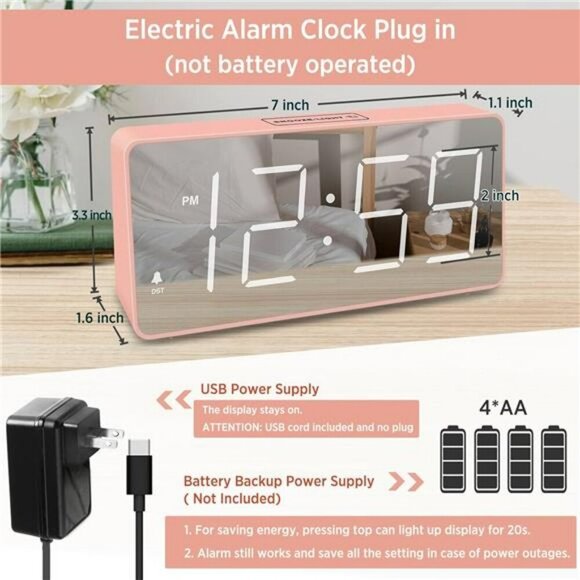 Peakeep Pink Digital Alarm Clock Loud Mirror Display Battery Backup Seniors - Picture 2 of 7